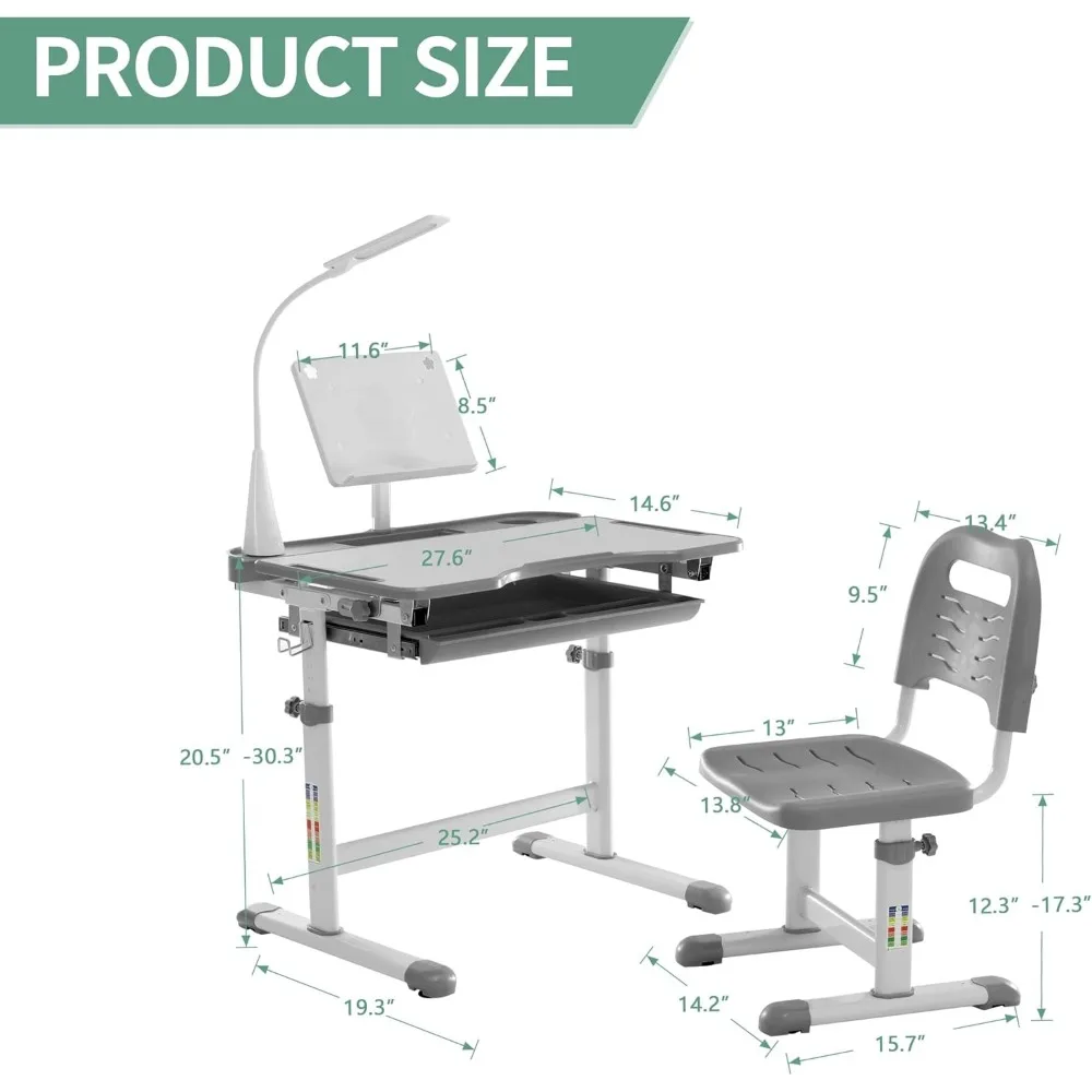 Juego de escritorio y silla de estudio para niños, escritorio de estudio escolar para niños ajustable en altura multifuncional con escritorio, estantería, luz LED