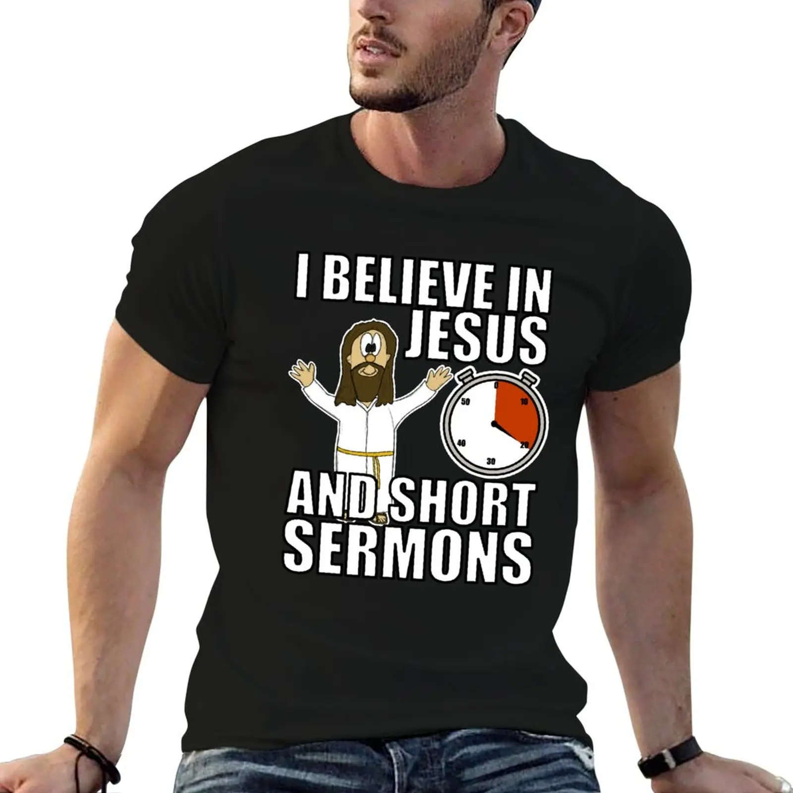 Camiseta con estampado gráfico para hombre, camisetas con diseño de I Believe In Jesus And Short Sermons, camisetas con Humor cristiano divertido, camisetas para hombre