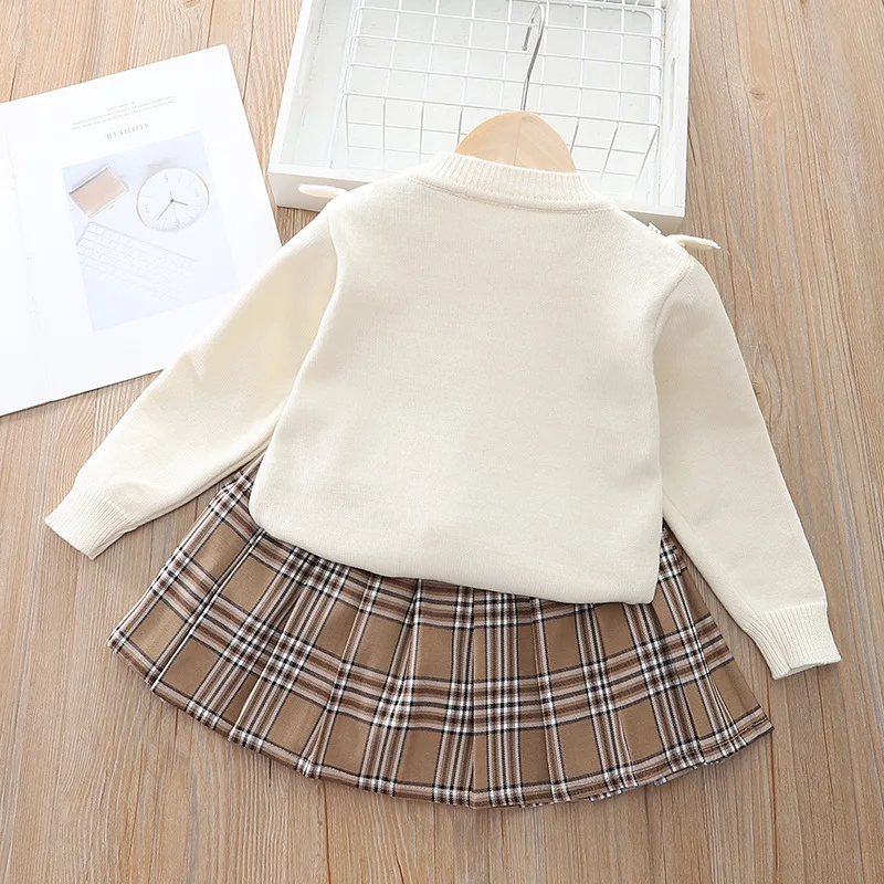 Baby Girls Clothing Set Autumn Winter Solid Color Bow Knitted Cardigan+Lattice Pleated Skirt 2Pcs For 2-6Y Kids Casual Suit