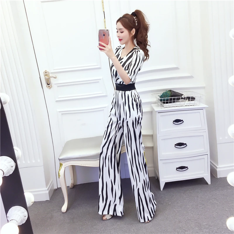 

Striped Jumpsuits & Rompers for Women V Neck Short Sleeve High Waisted Elegant Female White and Black Casual Overalls