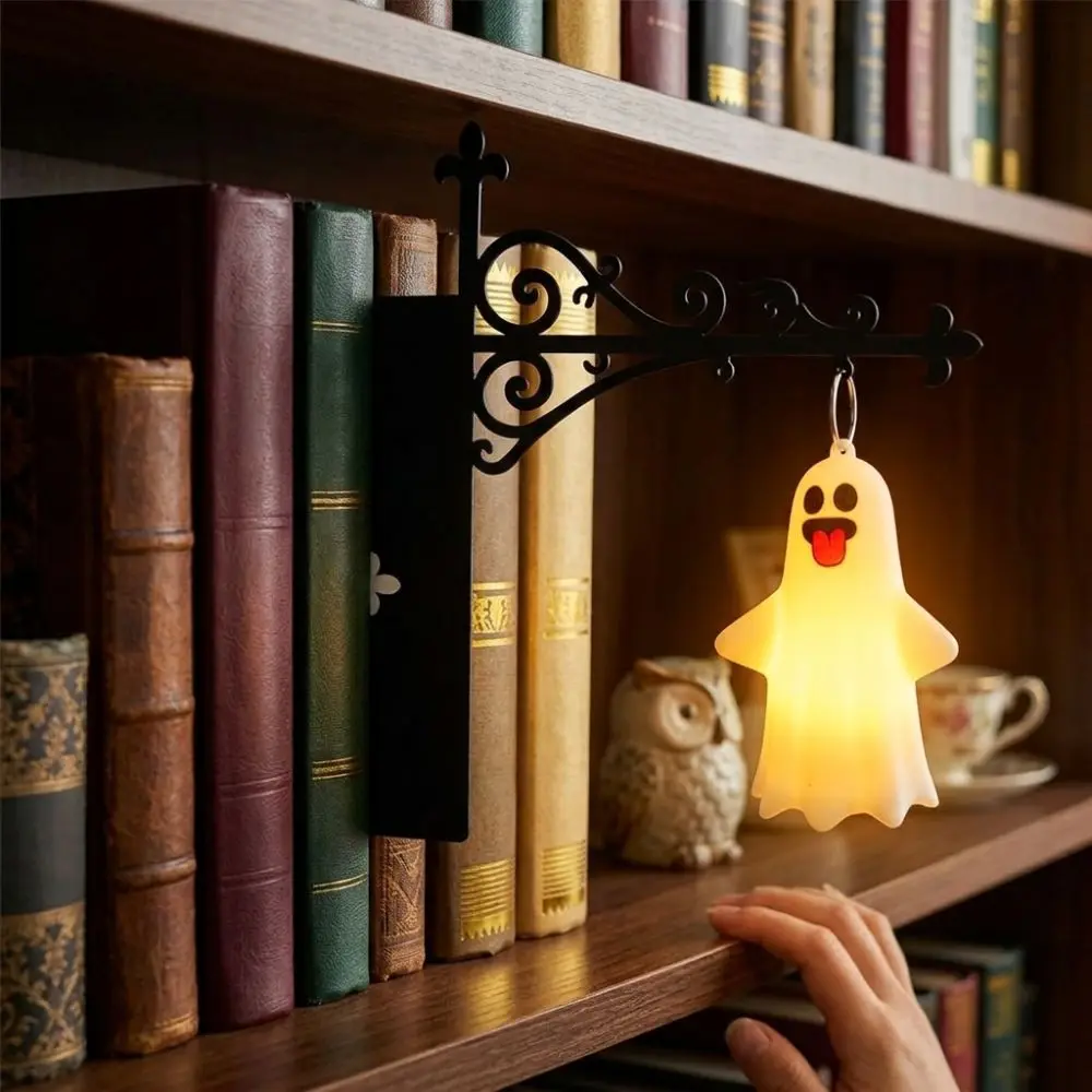 Warm White Light Halloween Ghost Bookshelf Lamp LED Lighting Vintage Style Library Ghost Figurine Lantern Glowing Wrought Iron