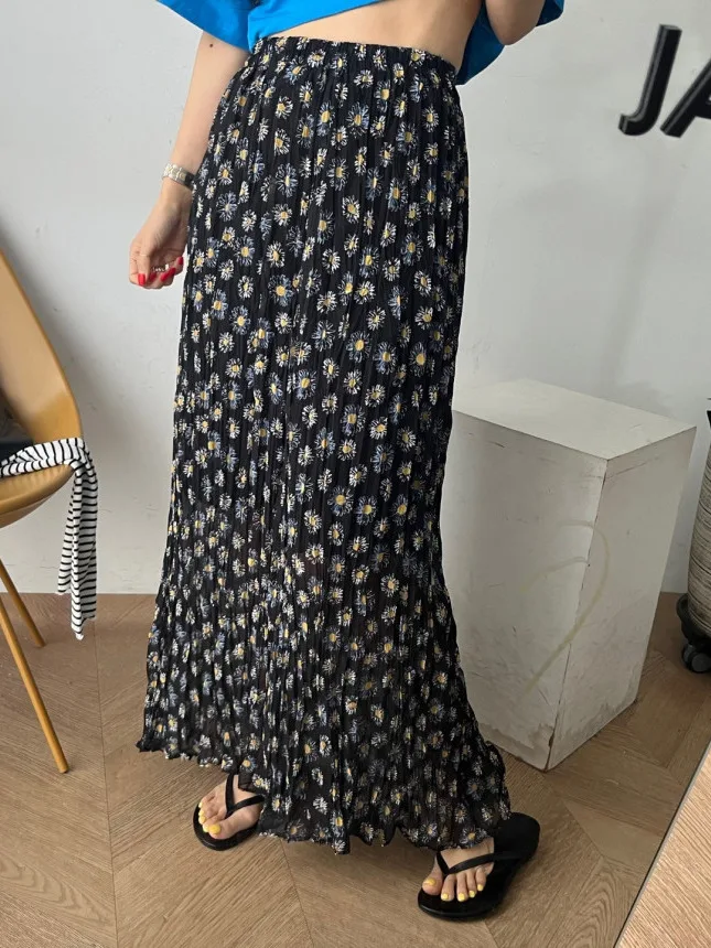 Chique vintage hoge taille geplooide bloemen f-lengte rok dames lang Dr lente anti-aging ontwerp gevoel Aosphere