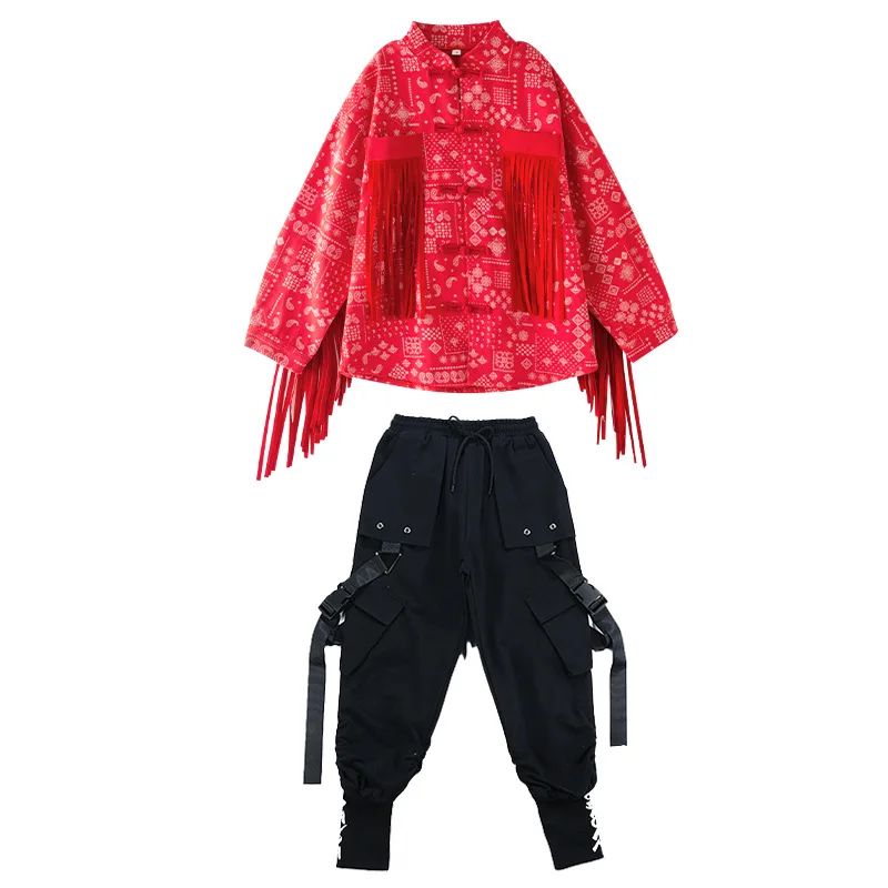 Conjuntos de ropa de Jazz de Hip Hop para niños y niñas, chaqueta roja de manga larga con borlas estampadas, Top y pantalones, trajes de baile callejero para adolescentes