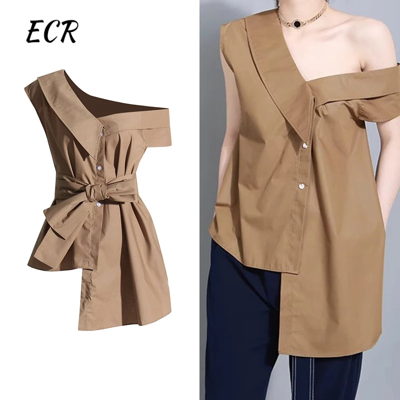 ECR Solid Patchwork Lace Up Casual Shirts For Women Diagonal Off The Shoulder Sleeve Spliced Button Minimalist Blousees Female