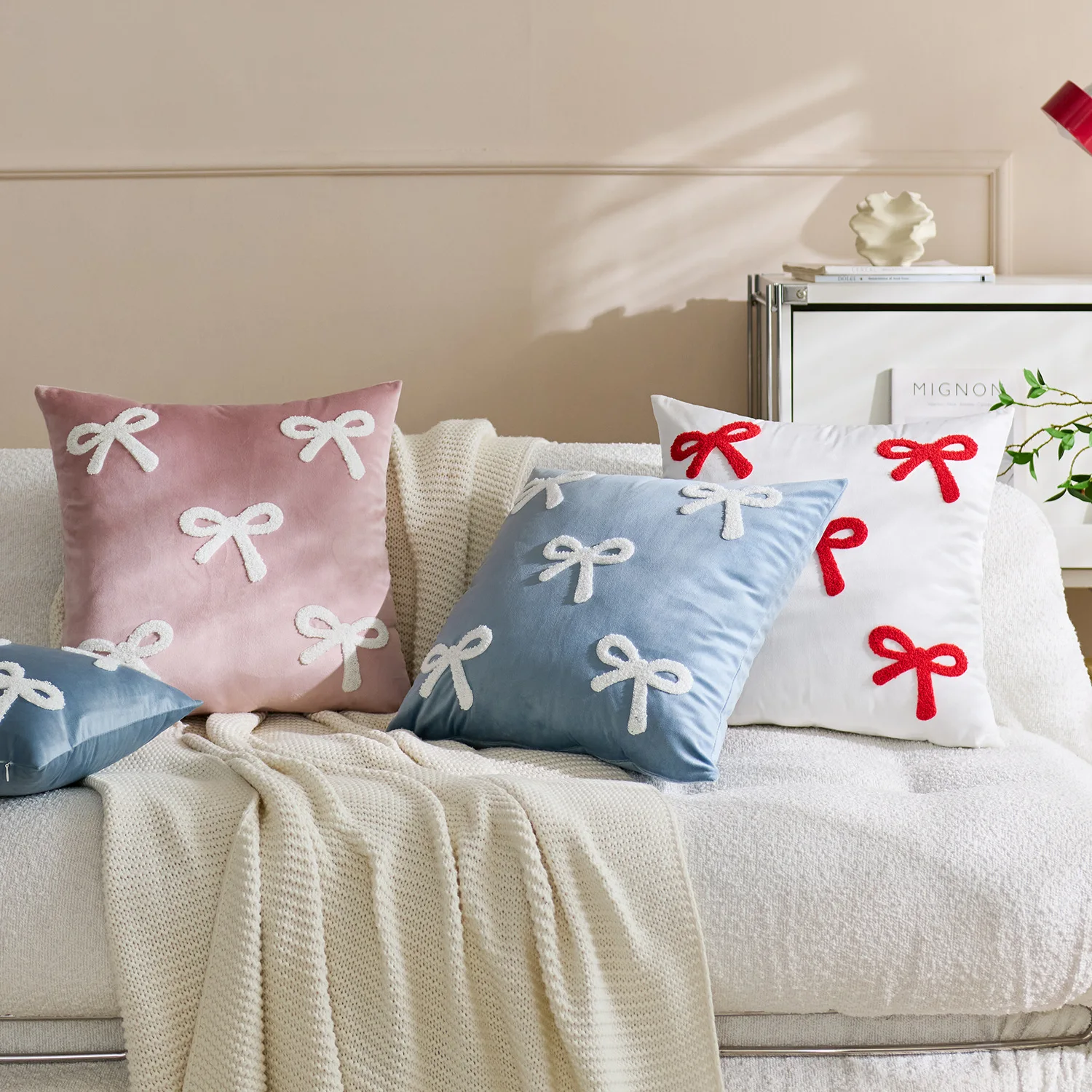 Soft Velvet Solid Pillow Cover Bow Embroidered Pink Blue White Red Home Decorative Cushion Cover 45x45/30x50cm Bed Sofa Couch