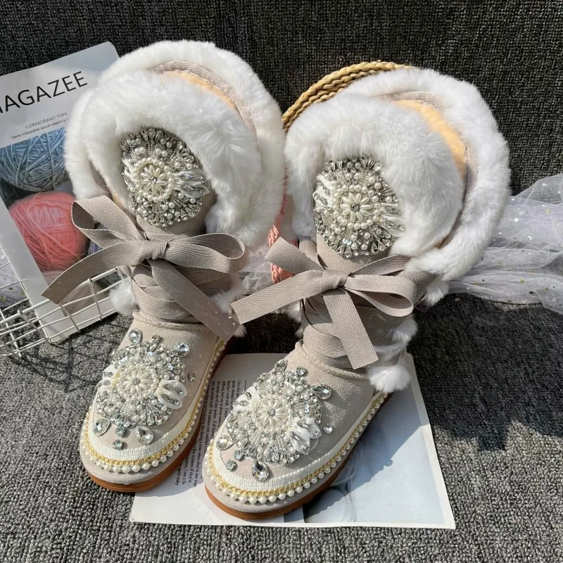 Custom Rhinestones Lace Up Warm Natural Fur Knee High Snow Boots Women Suede Leather Thermal Plush Lined Tall Boots Winter Shoes