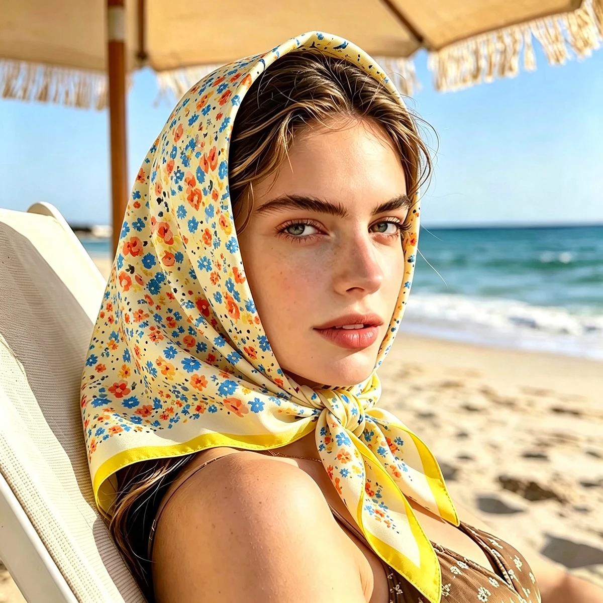 Sommerlicher, frischer, quadratischer Hijab-Schal mit Aquarell-Blumenmuster, weiches Satin, Boho-Strandurlaub-Bandana für Damen, als Halstuch, Haarband, Stirnband oder Taschenband