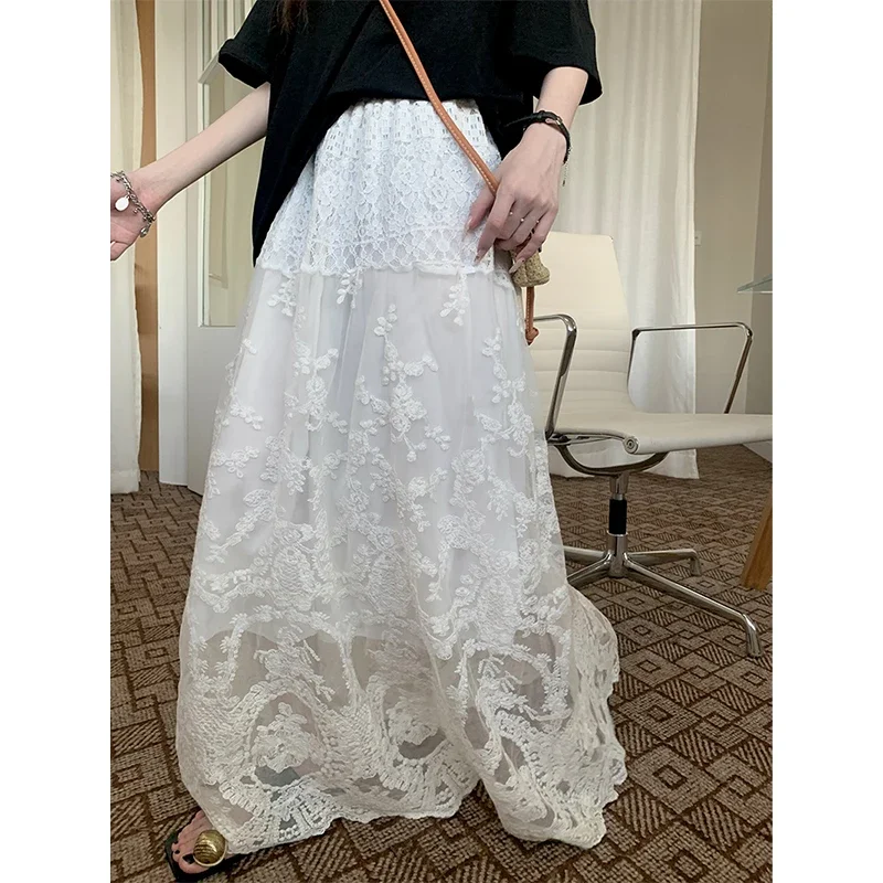 

Elegant Skirts Women Lace Patchwork Spring Fashion French Style Stretch High Waist Sweet Hollow Out Long Skirt Female Casual