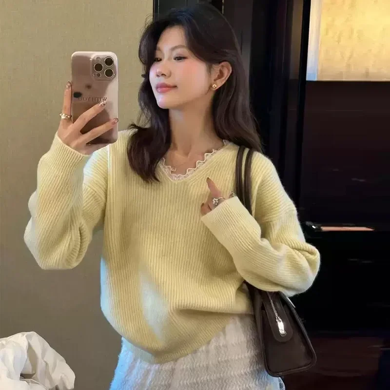 

Women's Autumn Winter Top Sweater Knitted V-neck Lace Long Sleeve Simple Comfortable Casual Design Soft Niche Versatile Skinny