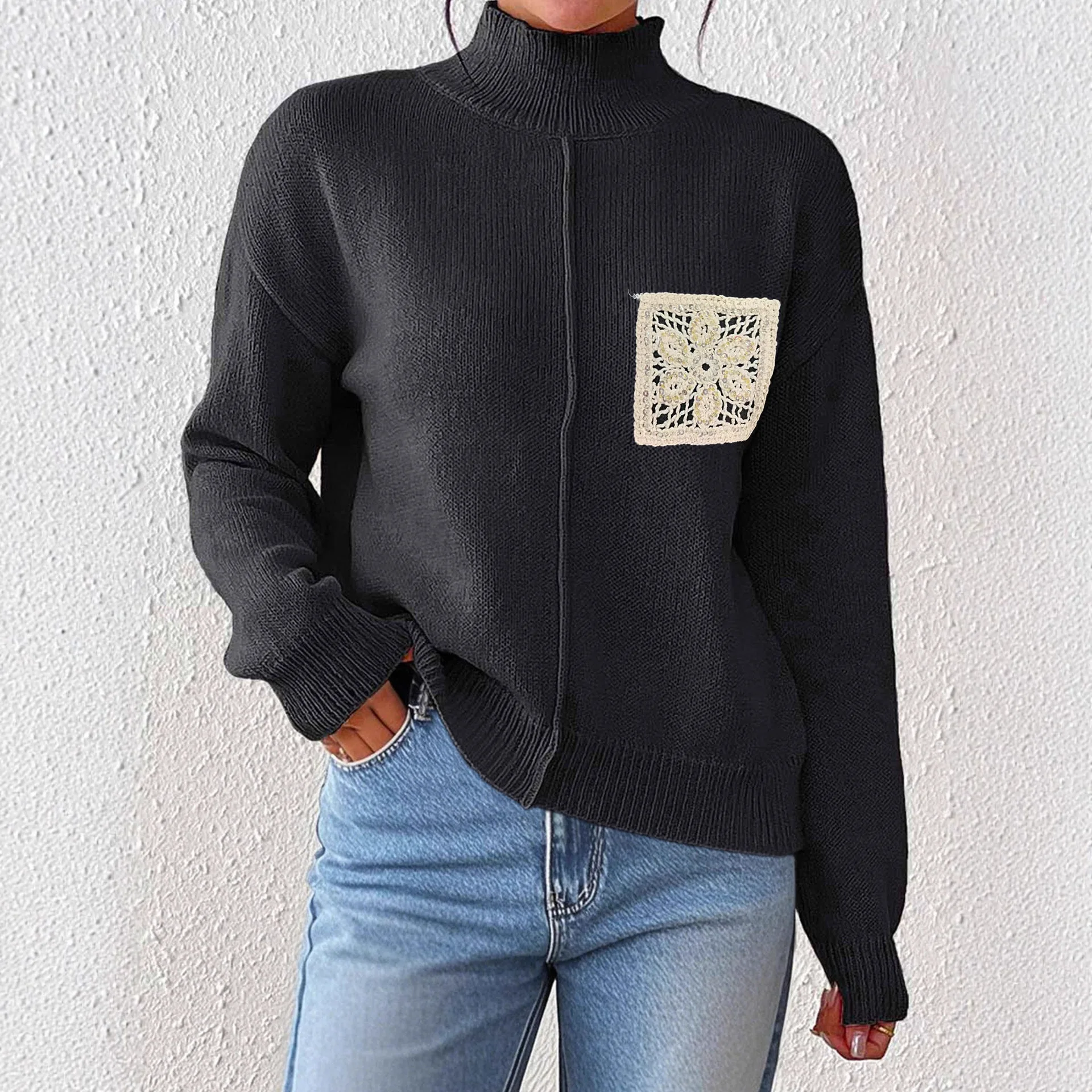 

European and American Women's Half-high Neck Pullover Sweater Sequin Hollow Pocket Splicing Sweater