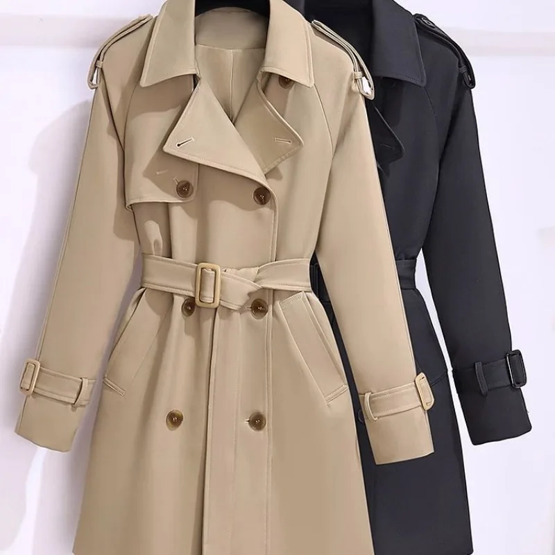 Trendy Women's Trench Coats New Spring Autumn High-end Mid-length Slim Outerwear Double-breasted Belt Long Sleeves Windbreaker