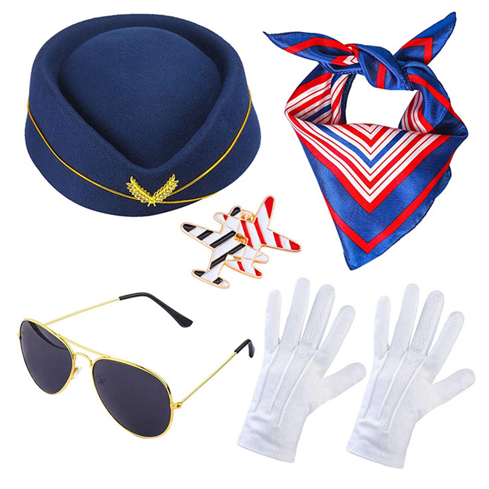 Women Halloween Stewardess Flight Attendant Cosplay Costume Accessories Air Hostess Hat Scarves Sunglass Gloves Airplane Brooch