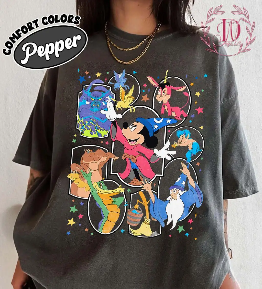 

Disney Fantasia Mickey Sorcerer Comfort Colors Shirts, Magical Characters Shirt for Women and Kids, Disney World Shirt