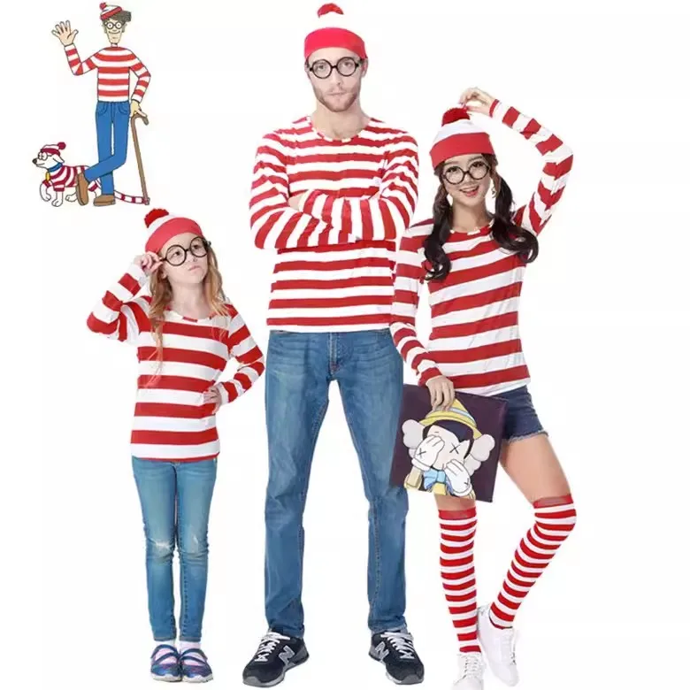 Parent-child Cartoon Where is Wally Waldo Costume Waldo Book Week Cosplay Outfit Stripe Long Sleeve Shirt Hat Glasses Adult kids