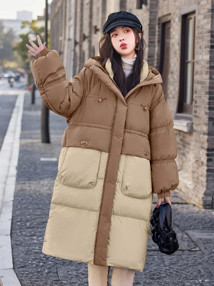 Warm Women\'s Winter Coat Quilted Jacket Long Down Coats White Duck Down Hooded Thickened Color Collision Splicing Puffer Jacket