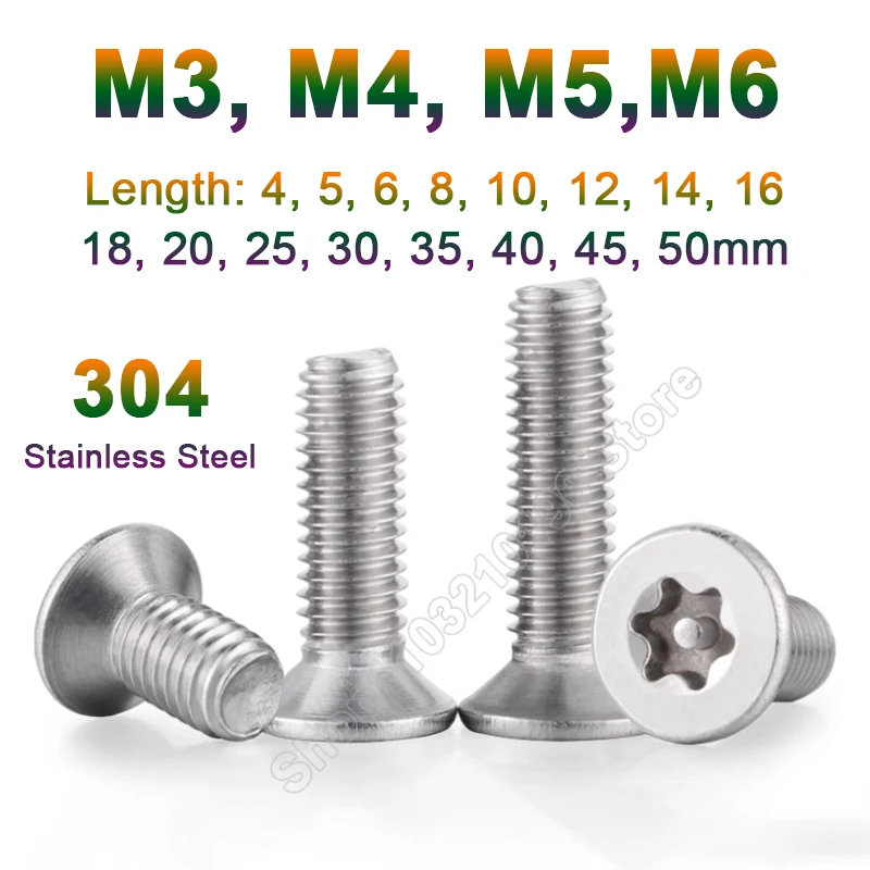 

20-100pcs M3 M4 M5 M6 304 Stainless Steel Torx Flat Countersunk Head with Column Pin Tamper Proof Security Bolt Screw L 4-50mm