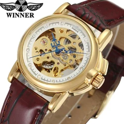 Fashion Winner Top Automatic Mechanics Clock Women Top Brand Design With Luxury Gold Color Dial Leather Watches Relojes Mujer