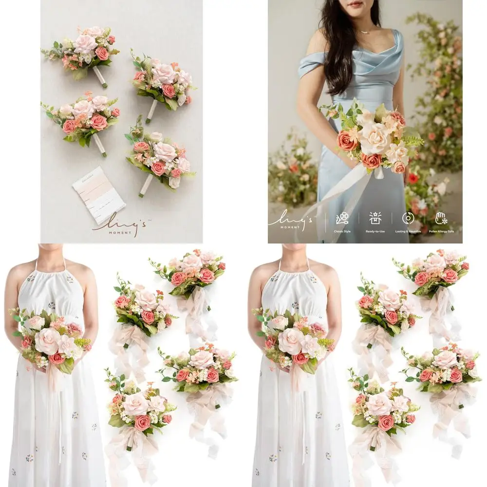 

Set of 4 Pink Artificial Bridesmaid Bouquets, 7 Inch Blush Garden Style Wedding Flowers for Bridal Party