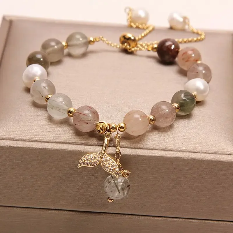 

Natural Crystal Stone Pearl Bracelet Lucky Strawberry Quartz Fishtail Bracelet Lucky Beads Girlfriends' Gift Girlfriend Gift