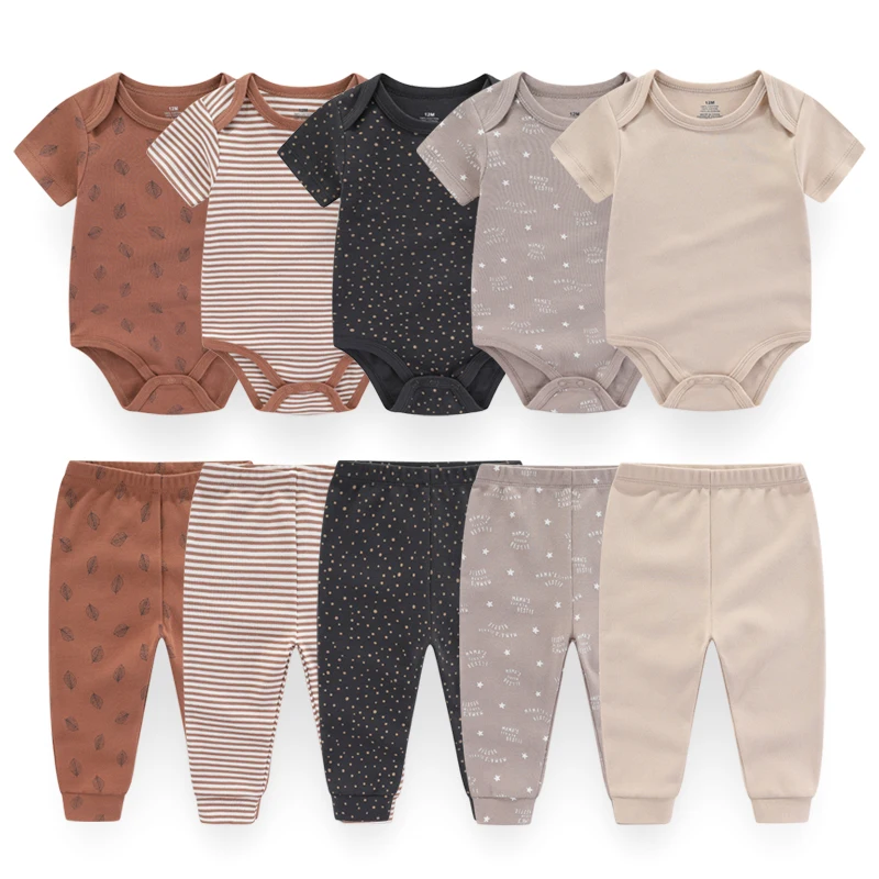 Uni 6/9/10Pieces Cotton New Born Bodysuits+Pants Baby Girl Clothes Sets Cartoon Print Short Sleeve Baby Boy Clothes Bebes