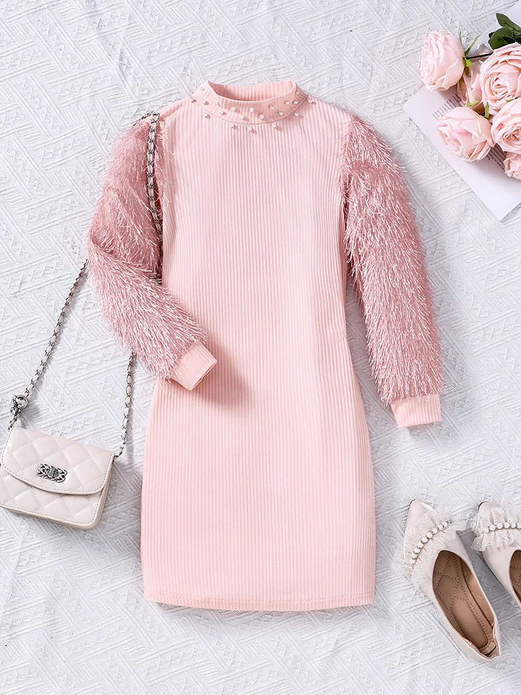 

Autumn And Winter Women's And Children's Casual Fashionable Elegant Cute Pink Knitted Sleeves Tight Fitting Dress
