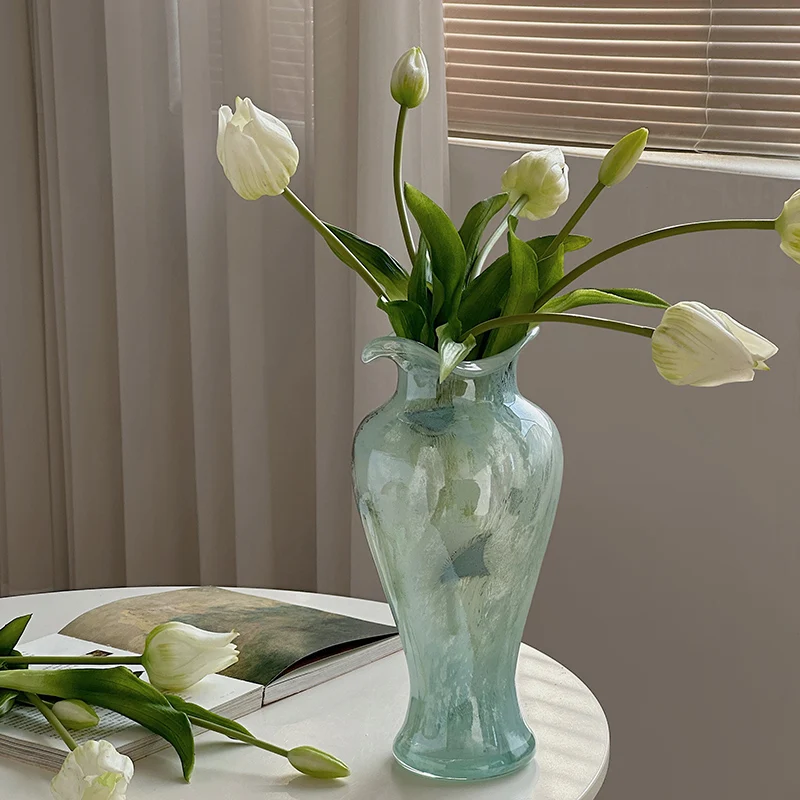 مزهرية زجاجية عتيقة على الطراز الفرنسي حاوية زهور أنيقة زرقاء لطاولة الطعام الفاخرة قطعة مركزية ديكور عرض مدخل المنزل