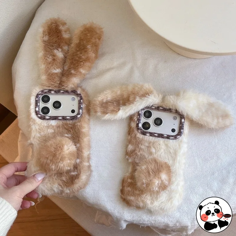 

Luxury Brown Spotted Deer Pattern Plush Rabbit Phone Case For iPhone 17 Pro Max 16 Pro Max 15 14 Plus 13 Pro Max Cute Cover