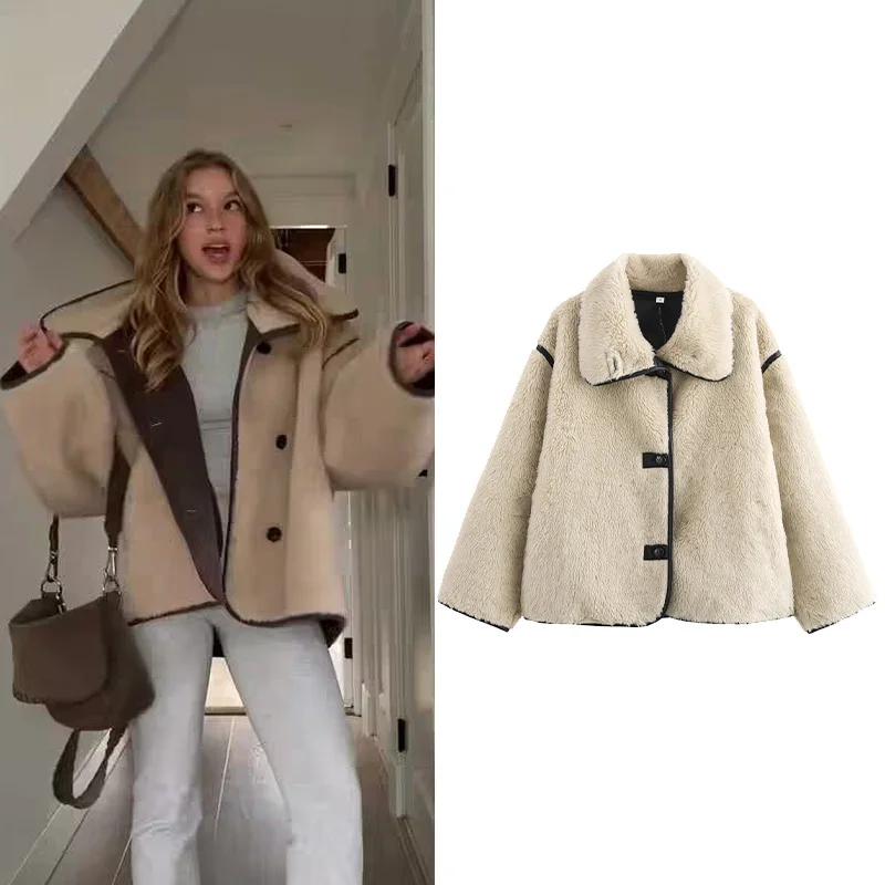 

Эластичная осенняя женская куртка из искусственного меха с большим воротником с лацканами, повседневное женское теплое пальто, модная женская куртка на пуговицах, шикарные топы