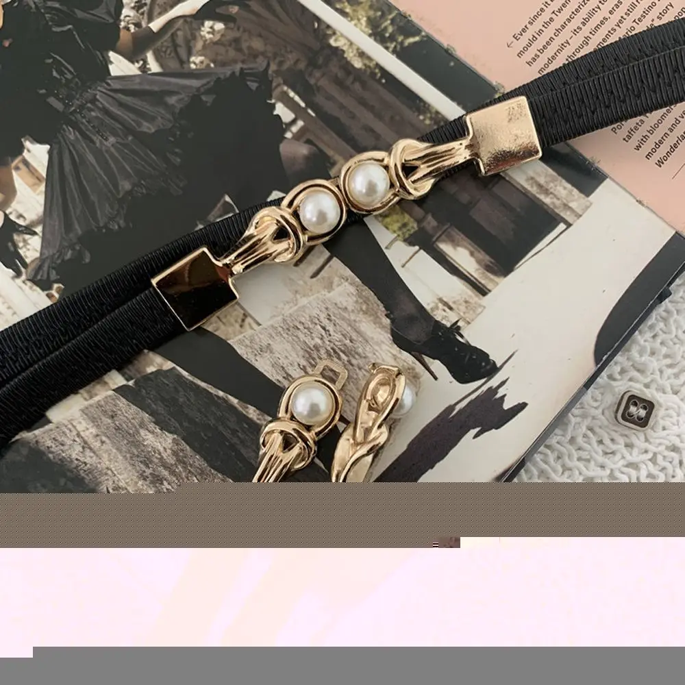 Adjustable Elegant Solid Color Metal Buckle Knot Double Pearl Leather Belt Dress Decoration Female Waist Strap Thin Waistband