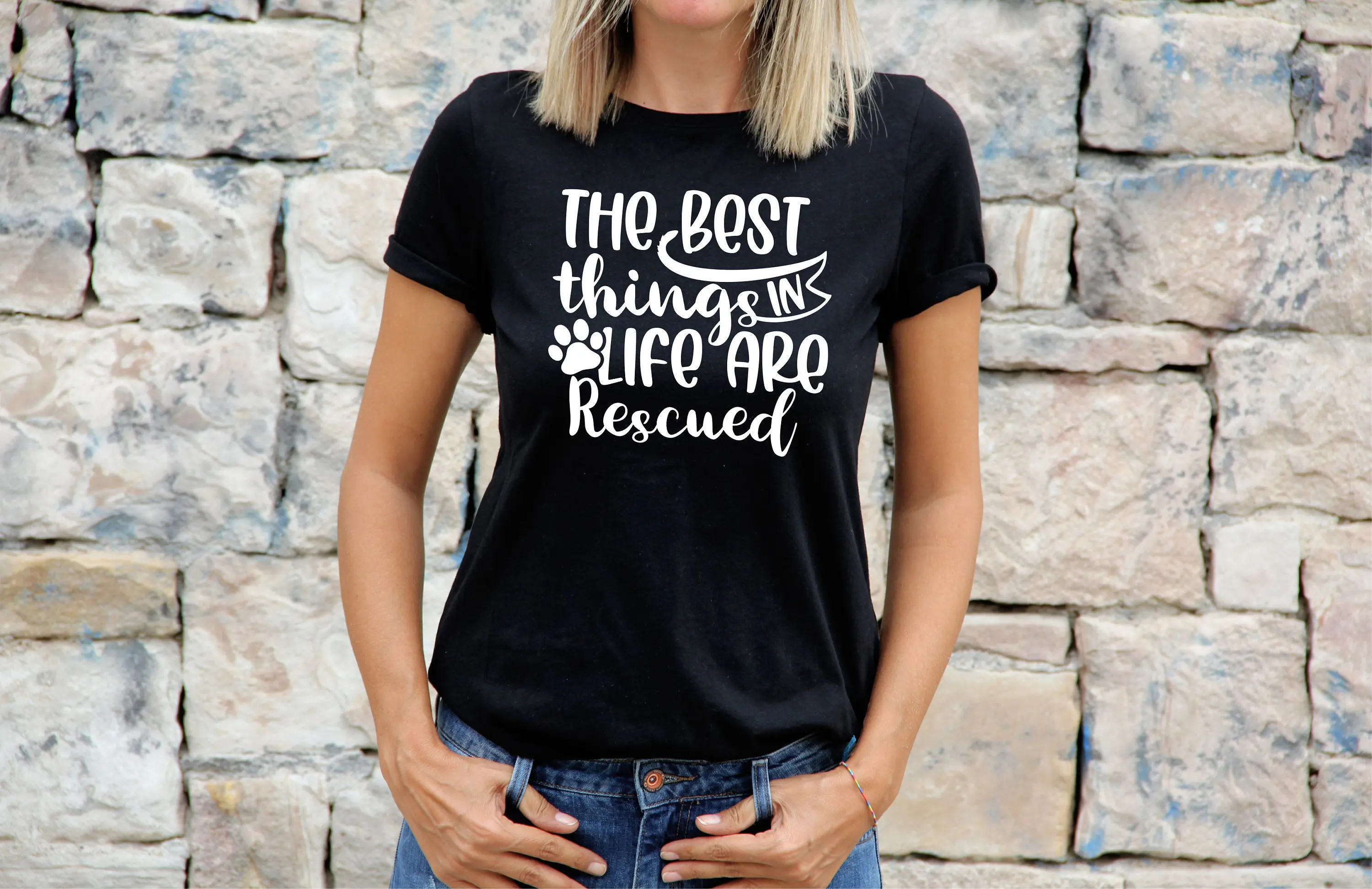 Womens Cat T Shirt Lovers For The Best Things In Life Are Resued