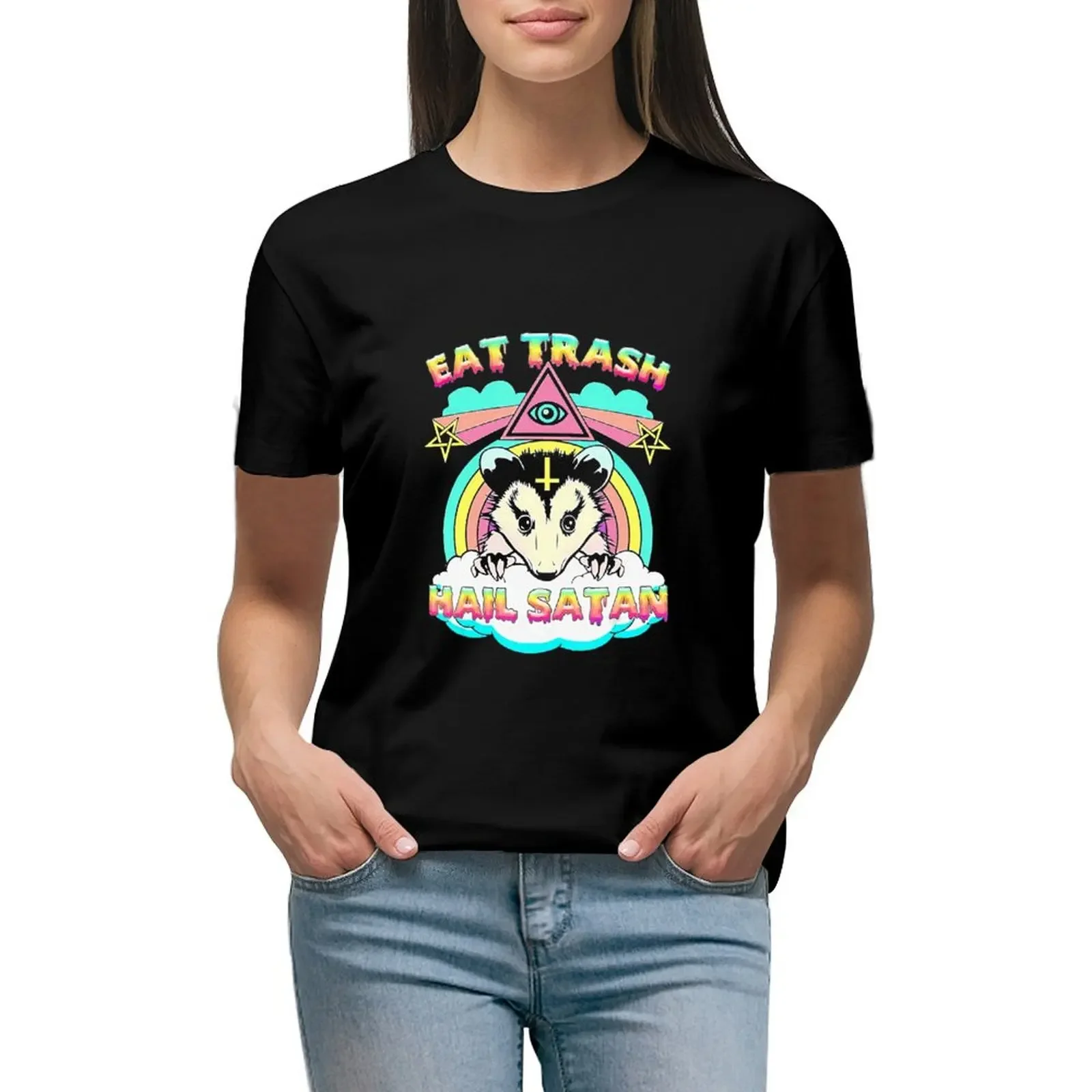 

Eat Trash Hail Satan Raccoon Pentagram Satanic Garbage Gang T-Shirt sweat new edition sports fans workout shirts for Women