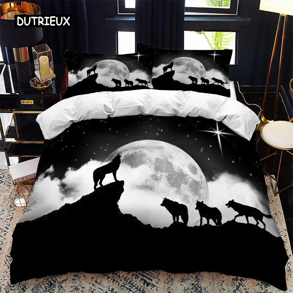 

Animal Silhouette Duvet Cover Set Howling Under The Moon Animal Theme Quilt Cover for Kids Boys Microfiber King Twin Bedding Set