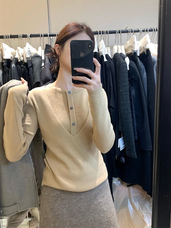 

Slim Fit Long Sve Knitted Base irt Women's Inner Wear Autumn Winter Sweater ort Top Tea Milk Color Design Sense Base S...