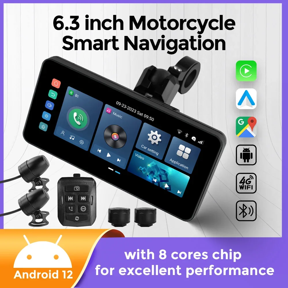 6.3inch Android 12 8Core Motorcycle GPS Navigation IPX7 Waterproof Monitor For Wireless Carplay Android Auto Moto Daul BT