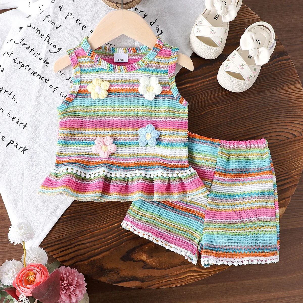 2026 Summer Girls 3D Floral Colorful Striped Tank Top & Shorts Set, Cute Sweet Baby Outfit for 6M-3Y