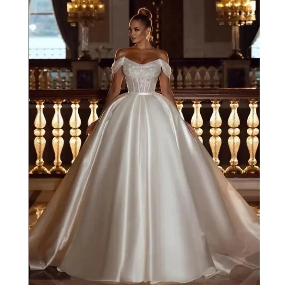 

2024 Sexy Off Shoulder Wedding Dresses Shiny Bohemia A-Line Women's Tulle Princess Satin Bridal Gowns Robe De Mariée Vestido