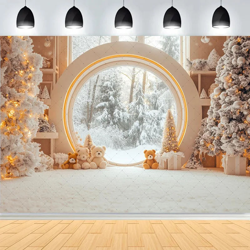 Christmas Day Pine Tree Bell Wreath Photography Backdrops Indoor Arch Fireplace Winter New Year Family Portrait Background CT-09