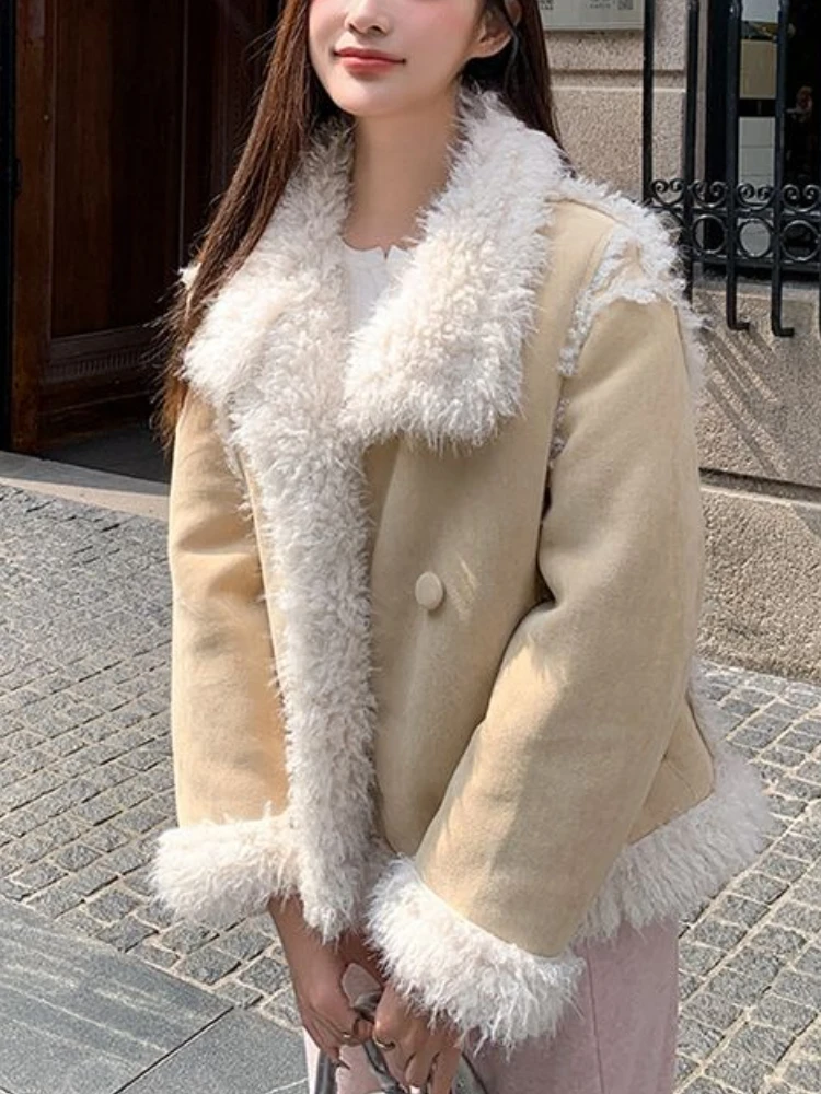 

Winter 2025 Fashion Hot Girl Yellow Lamb Wool Coats Woman Korean Button Loose Warm Overcoat Chic Sweet Stand Collar Jackets New