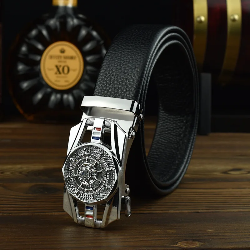 Man Automatic Buckle Leather Belt High Quality Men Business Belt Golden Waist Buckle Rhinestone Decoration Males Luxury Belt