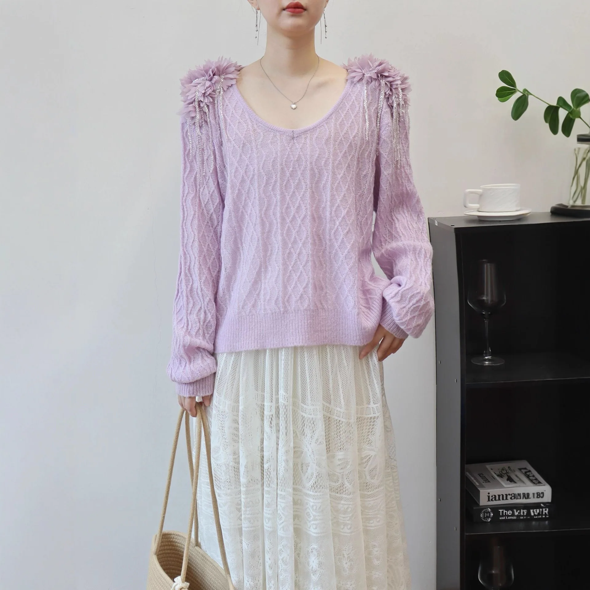 

Women Knitted Pullovers Sweaters Solid Jumpers 3D Flower Spliced V Neck Long Sleeves Loose Thin Casual Office Lady 2025 Autumn