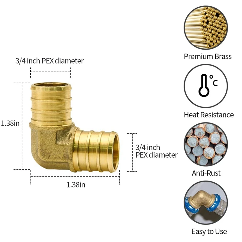 30Pcs 3/4Inch Brass Fittings TEE Coupler Reducer Crimp Cinch, Brass Crimp Fitting Combo with Tees