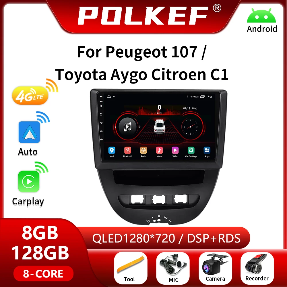 Reproductor de vídeo Multimedia para coche, navegador GPS, 4G, Carplay, 2 Din, estéreo, Android, para Peugeot 107, Toyota Aygo, Citroen C1, 2005-2014