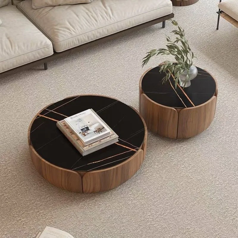 طاولة قهوة مستديرة من الخشب الصلب، مجموعة غرفة المعيشة المنزلية، شقة صغيرة، بلاطة صخرية فاخرة خفيفة #4
