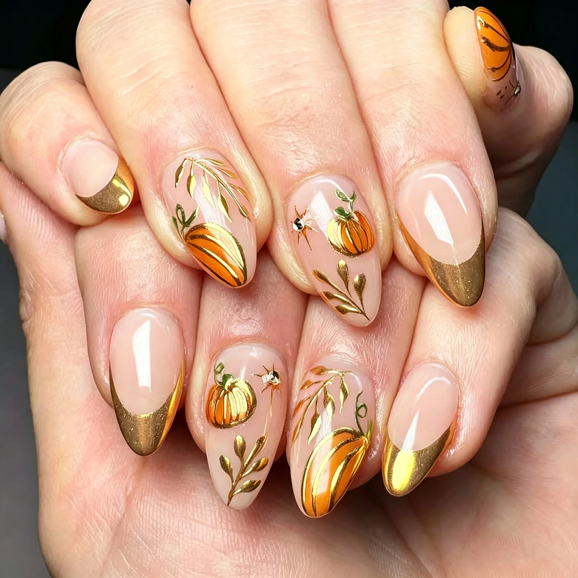 30 Stück Kürbis-Goldfolien-French-Tip-Kunstnägel mit Herbstblättern, Sternen und Strasssteinen, kurze mandelförmige Kunstnägel für Frauen und Mädchen – Detail 2
