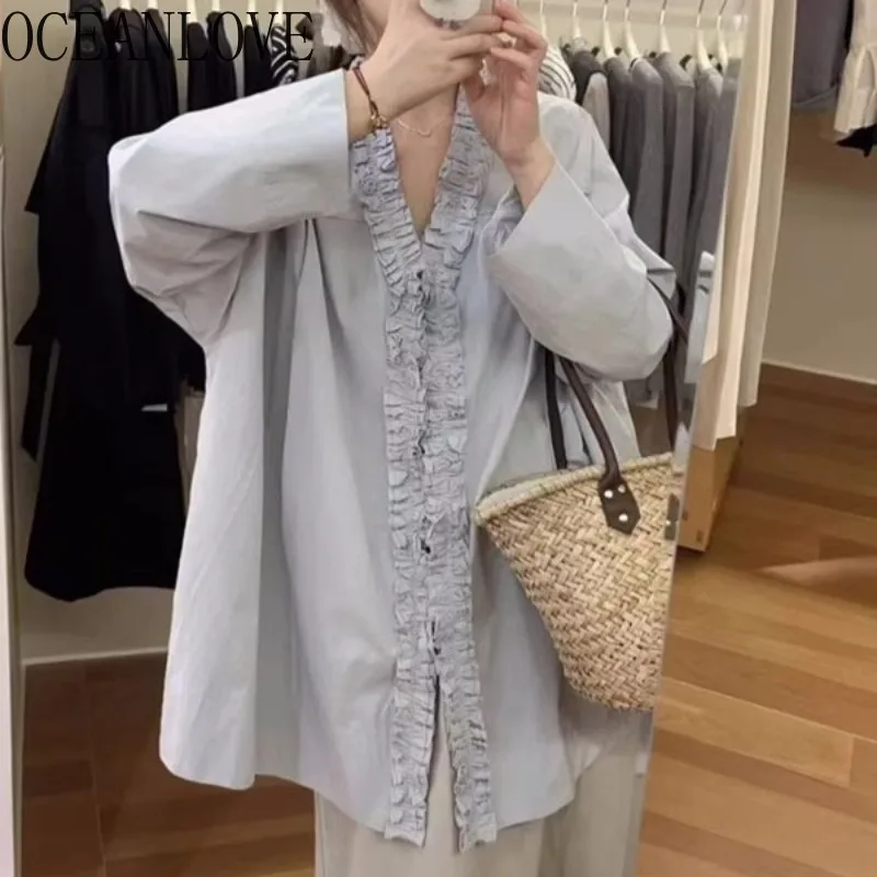 

OCEANLOVE Sweet Ruffles Blouses Solid Loose V Neck Spring Autumn Women Shirts Korean Fashion Chic Elegant Blusas Mujer