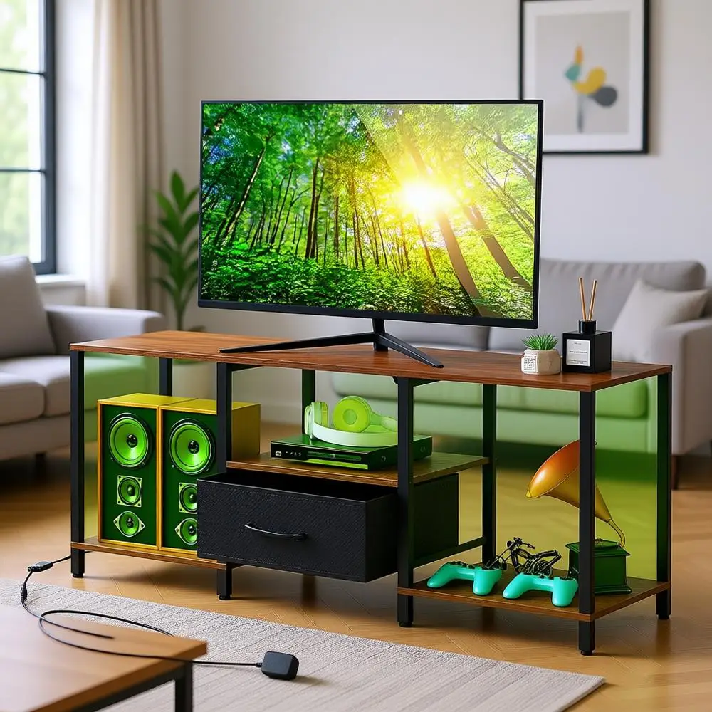 

Тумба под телевизор 46-55 дюймов с ручной регулировкой LED-подсветки, тканевыми дверцами, 3-уровневым хранением, регулируемыми ножками, в стиле рустик, коричневая