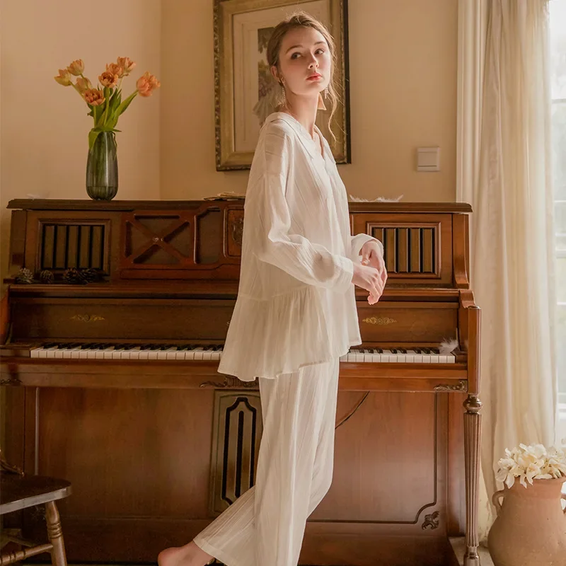 2024 donne bianco puro cotone due pezzi pigiameria primavera Full Sleevs colletto rovesciato pantaloni lunghi pigiama Casual Loungewear sciolto