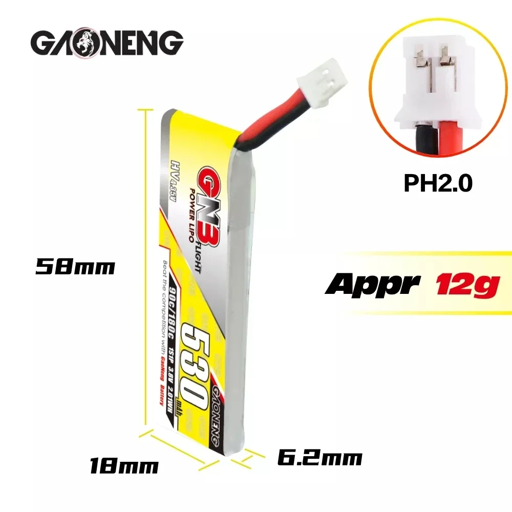 5ชิ้นแบตเตอรี่ gaoneng gnb 530มิลลิแอมป์1S1P 3.8โวลต์90C Lipo พร้อมหัวเชื่อมปลั๊ก XT30/PH2.0/GNB27สำหรับโดรนขนาดเล็ก quads FPV