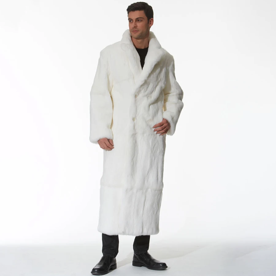 Men Fur Coat Extra Long Winter Jacket Full Skin White Real Fur Jackets Natural Rabbit Fur Coats 2024 Luxury Best Seller