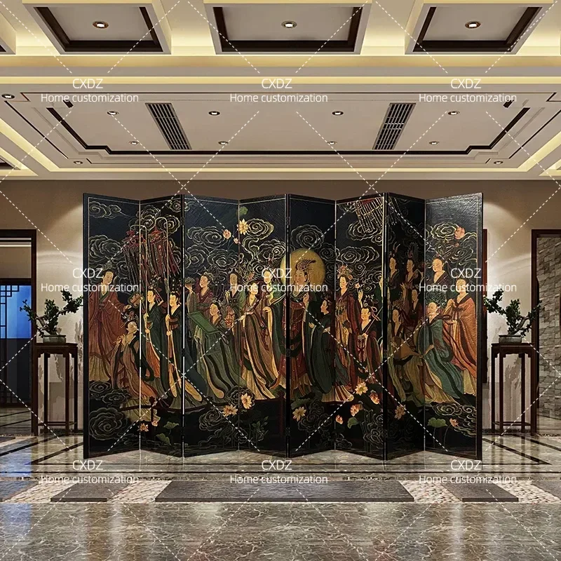 Retro Folding Wooden Screen Hand Painted Lacquerware Partition for Living Room Hotel Teahouse Entrance Background